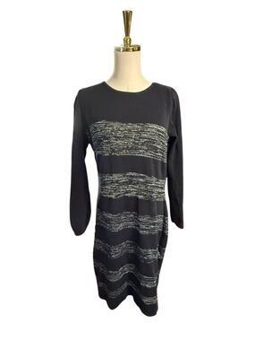 AB Studio Black and Silver Metallic Long-Sleeve Striped Knit Dress MIDI Size L
